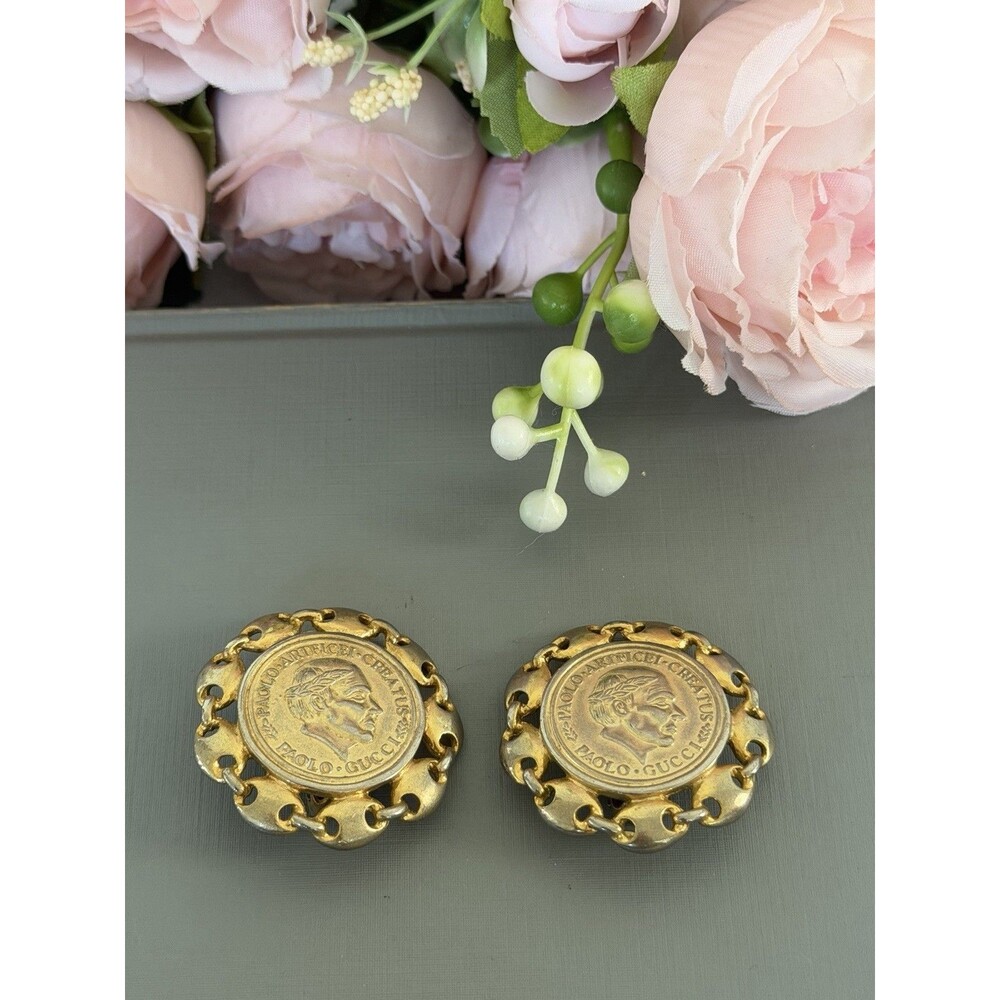 VINTAGE PAOLO GUCCI GOLD COIN Round CLIP ON EARRINGS SIGNED RUNWAY